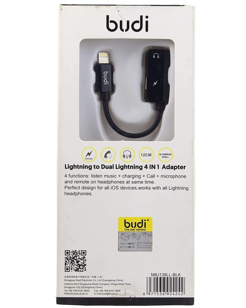 BUDI LIGHTNING TO DUAL LIGHTNING 4IN1 ADAPTER M8J139LL BLK